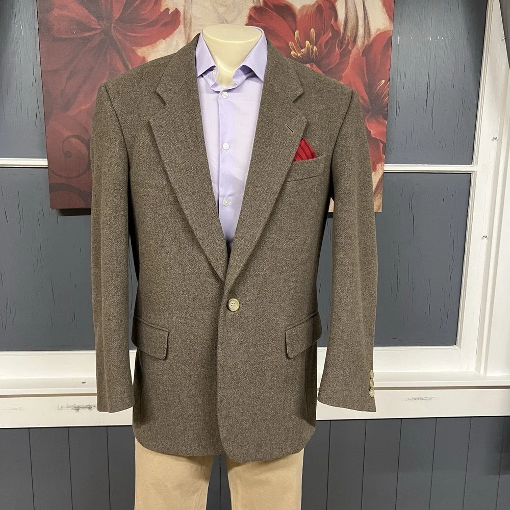 Vintage‎ Rene Lezard Ventless Blazer Sport Coat Mens 40R Wool Tan Jersey Flannel